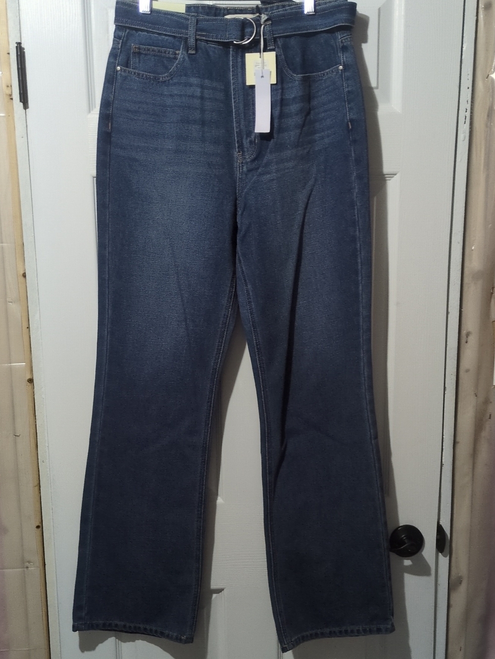 High Rise Flare Blue Straight-Leg Jeans w/ Loop Belt Retro Hippie Size 29 Nwt